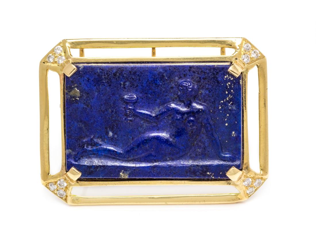 An 18 Karat Yellow Gold, Lapis Lazuli Cameo and Diamond (1 of 1)