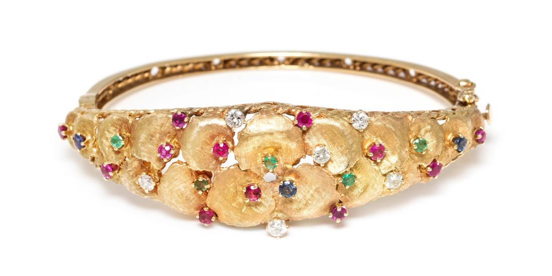 A 14 Karat Yellow Gold, Diamond and Multigem Bangle (1 of 1)