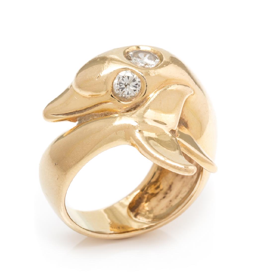 A 14 Karat Yellow Gold and Diamond Dolphin Motif Ring, (1 of 1)