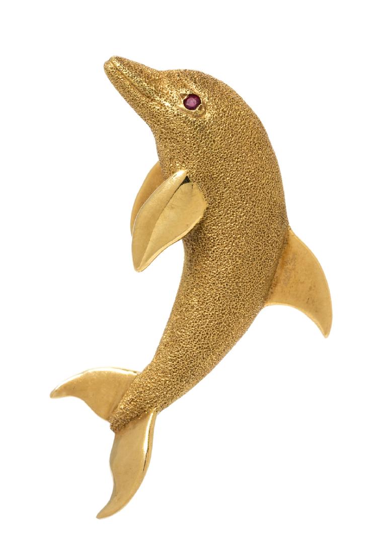 An 18 Karat Yellow Gold and Ruby Dolphin Motif Brooch, (1 of 1)