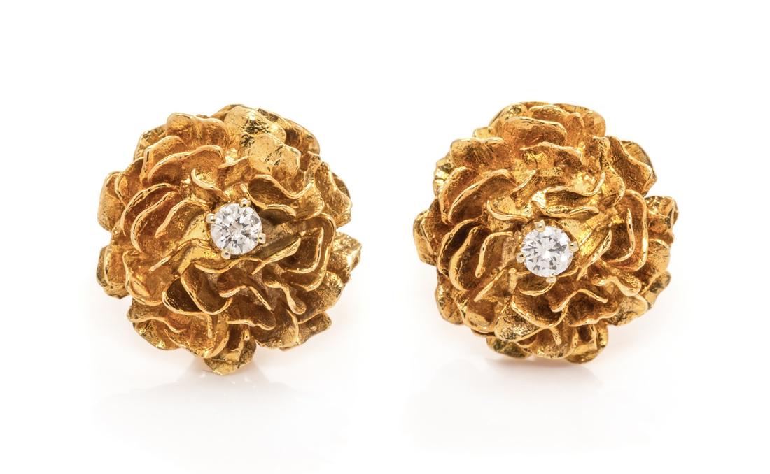 A Pair of 14 Karat Yellow Gold and Diamond Floral Motif (1 of 1)