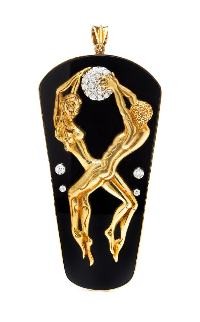 A Bicolor Gold, Diamond and Onyx Pendant, 41.10 dwts.: A Bicolor Gold, Diamond and Onyx Pendant, in the style of Erte, consisting of male and female nude figures in yellow gold grasping a white gold sphere, containing 22 round brilliant cut diamonds weigh
