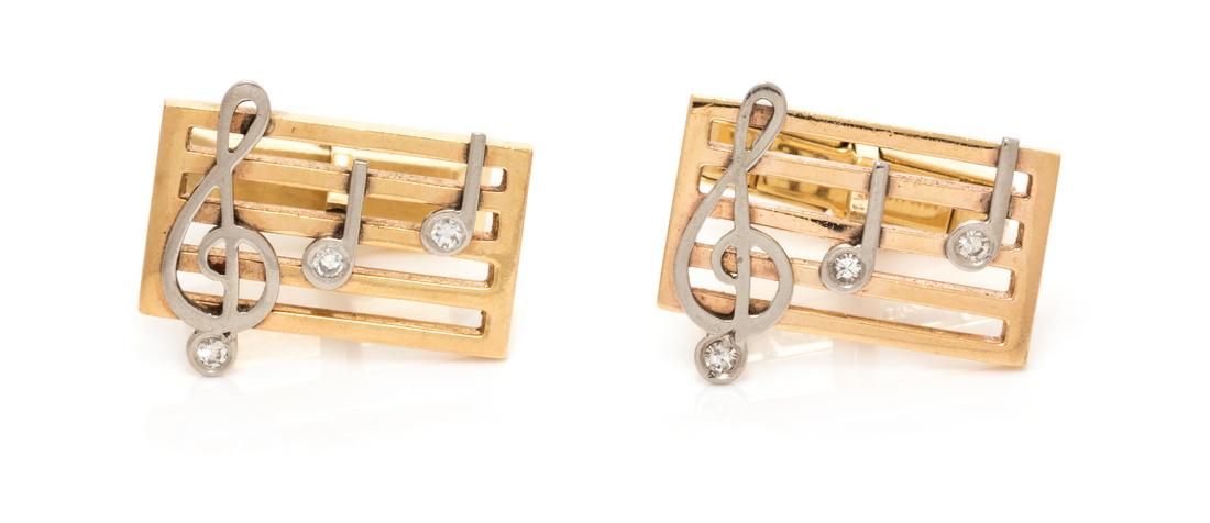 A Pair of 14 Karat Bicolor Gold and Diamond Music Note (1 of 1)