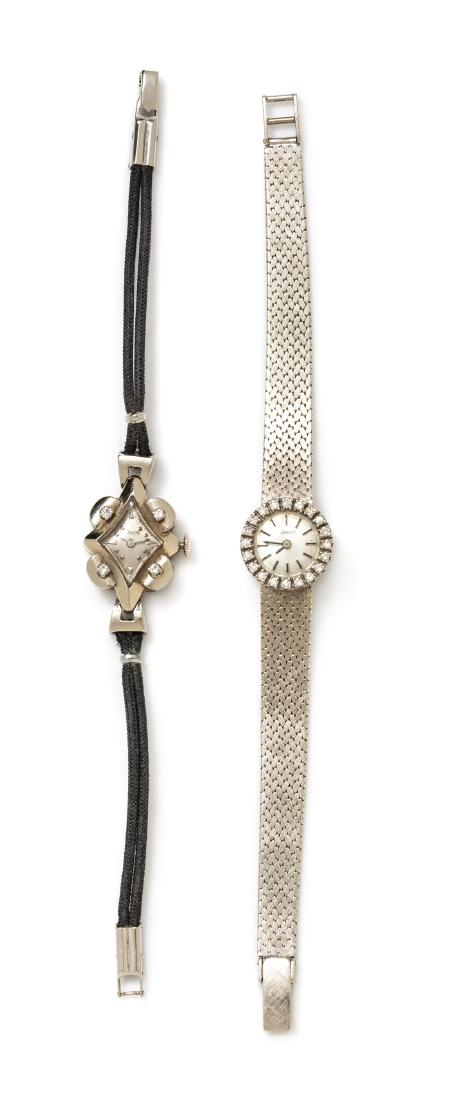 *A Collection of 18 Karat White Gold and Diamond: A Collection of 18 Karat White Gold and Diamond Wristwatches, consisting of a watch, bezel containing numerous round single cut diamonds, 17.00 mm case diameter, matte silvered dial signed TISSOT, app