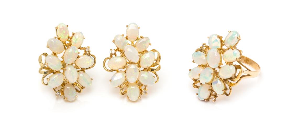 A 14 Karat Yellow Gold, Opal and Diamond Demi-Parure, (1 of 1)