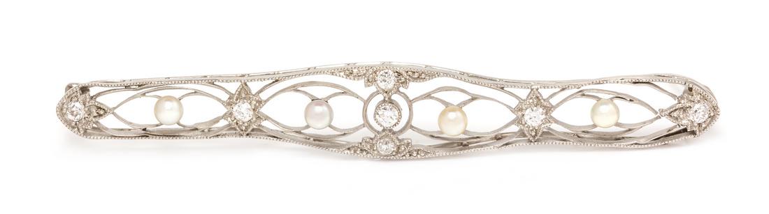 An Edwardian Platinum, Diamond and Seed Pearl Bar (1 of 1)