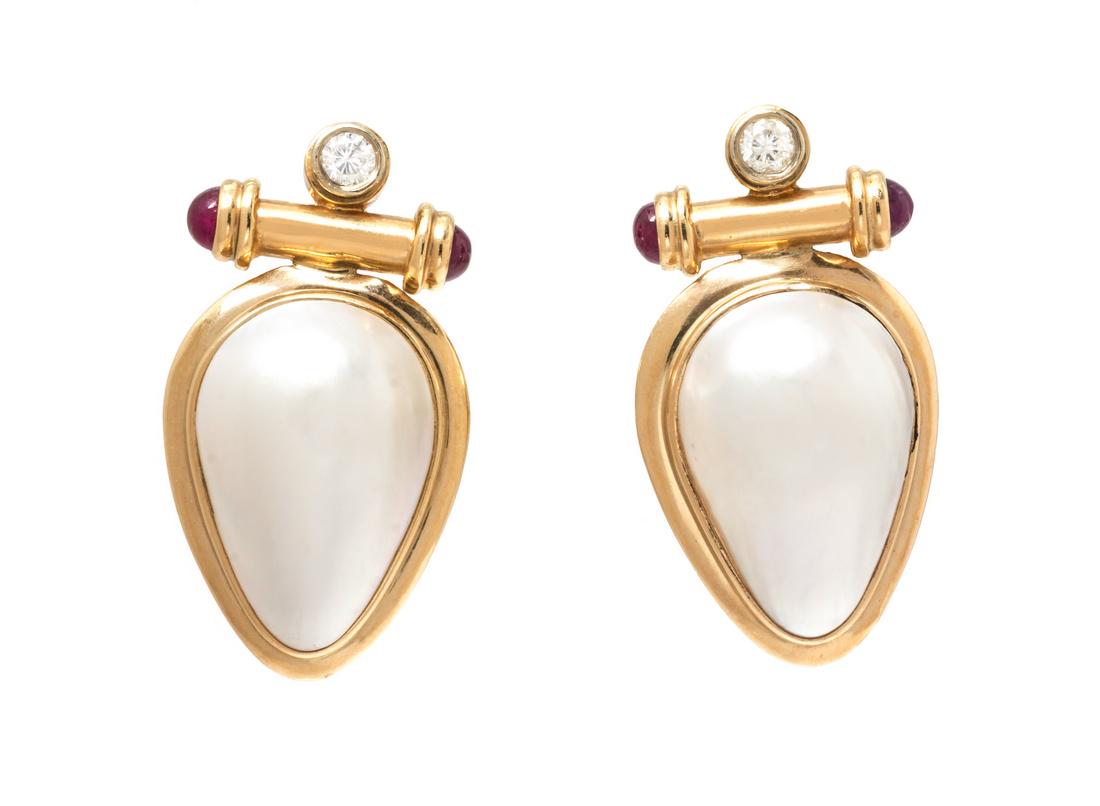A Pair of 14 Karat Yellow Gold, Cultured Mabe Pearl, (1 of 1)