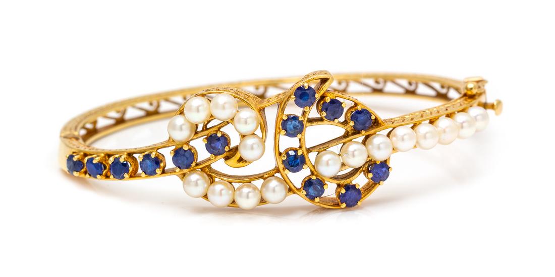 A 14 Karat Yellow Gold, Sapphire and Cultured Pearl (1 of 1)