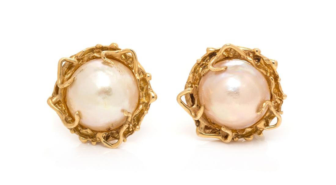 A Pair of 14 Karat Yellow Gold and Cultured Mabe Pearl (1 of 1)