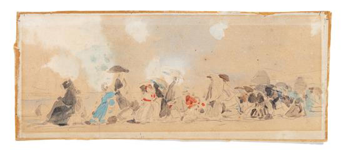 Eugène Boudin, (French, 1824-1898), Study for Beach: Eugène Boudin (French, 1824-1898) Study for Beach Scene at Trouville watercolor on paper 3 3/4 x 8 3/4 inches. Estimate $4,000-6,000 Tape residue at margin edges (outside of image), aging to paper an