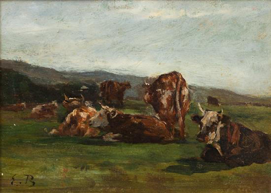 Eugène Boudin, (French, 1824-1898), Étude des vaches: Eugène Boudin (French, 1824-1898) Étude des vaches oil on panel initialled E.B. (lower left) 7 x 9 1/2 inches. Estimate $800-1,200