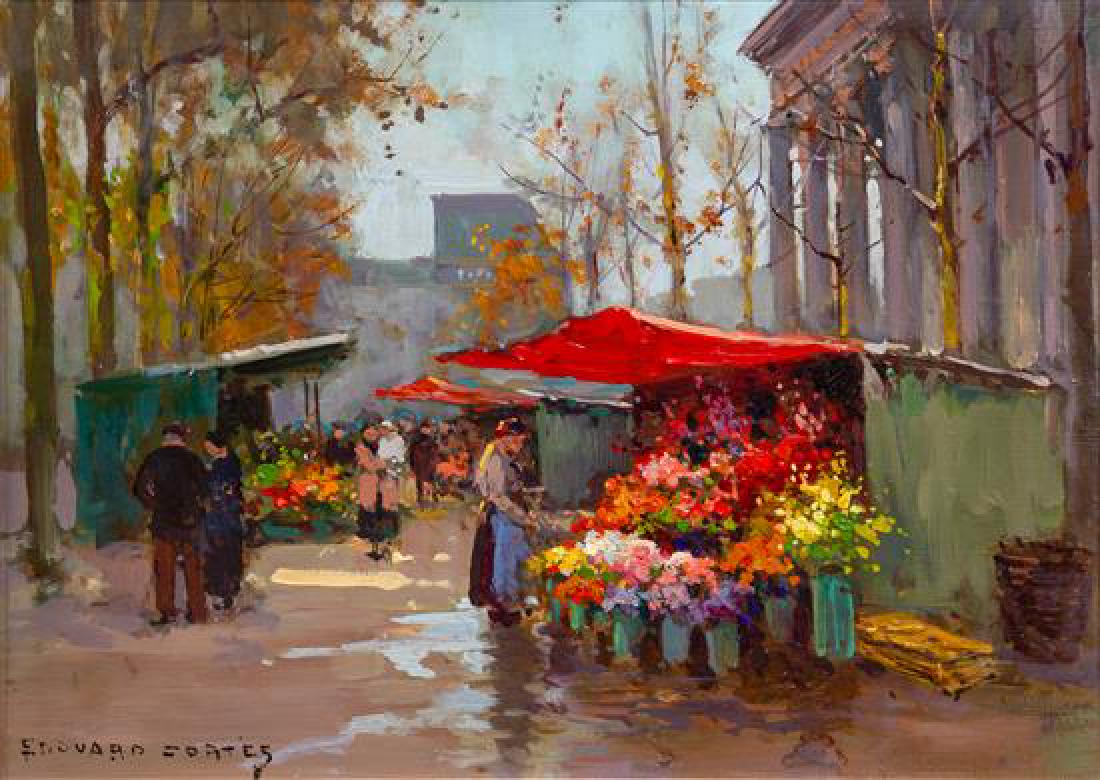 After Édouard-Léon Cortès, (French, 1882-1969): After Édouard-Léon Cortès (French, 1882-1969) Flower Stalls at la Madeleine oil on canvas signed Edouard Cortes (lower left) 13 1/4 x 18 inches. Estimate $15,000-25,000