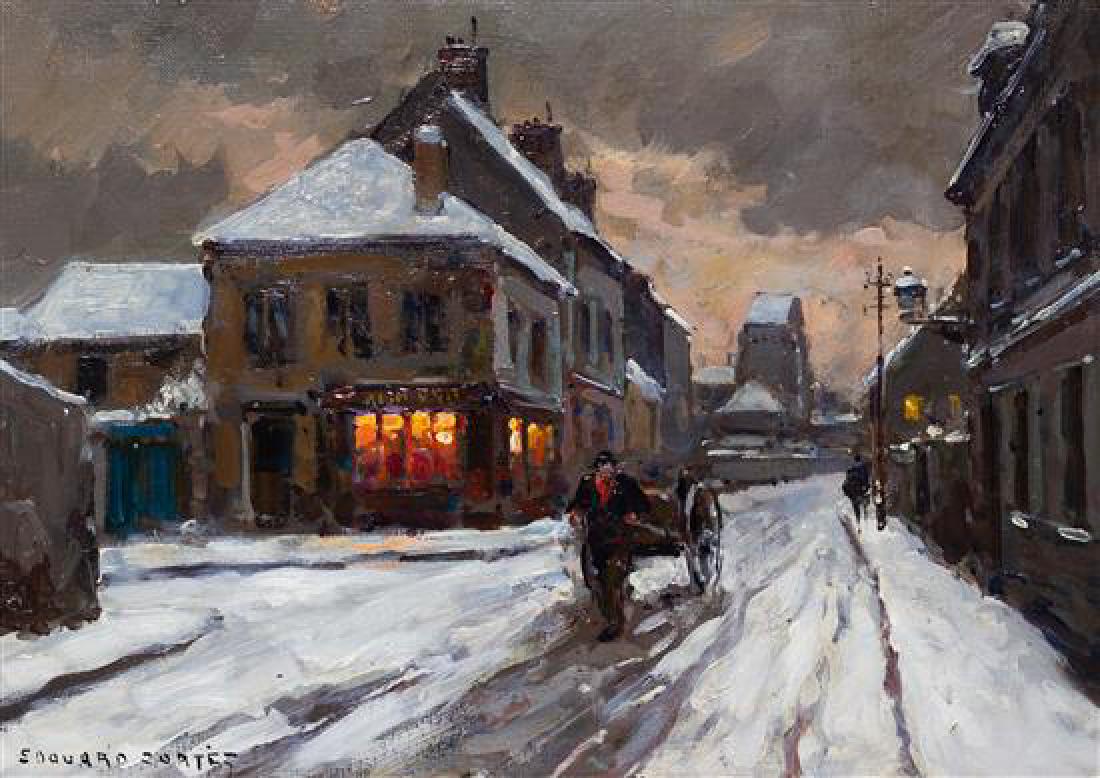 After Édouard-Léon Cortès, (French, 1882-1969): After Édouard-Léon Cortès (French, 1882-1969) Effet de niege, c. 1930 oil on canvas signed Edouard Cortes (lower left); signed, titled, and dated (verso) 13 x 18 1/4 inches. Estimate $15,000-25,000