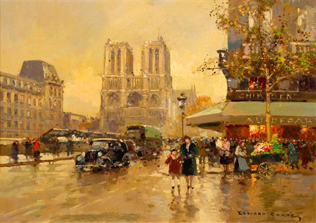* After Édouard-Léon Cortès, (French, 1882-1969): After Édouard-Léon Cortès (French, 1882-1969) Cathédrale Notre-Dame oil on canvas signed Edouard Cortes (lower right); titled and numbered (verso) 13 x 18 inches. Estimate $15,000-25,000 Property