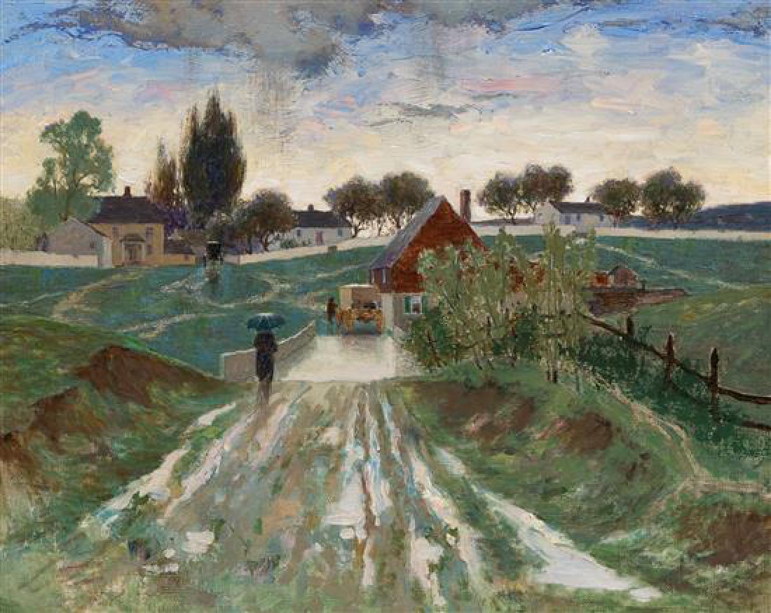 * Stephen Parrish, (American, 1864-1938), Clearing: Stephen Parrish (American, 1864-1938) Clearing After a Shower Storm, Lower Bridge, Bass River, Cape Cod oil on canvas 15 3/4 x 19 1/2 inches. Estimate $2,000-4,000 Property from the Estate of Marge Ew