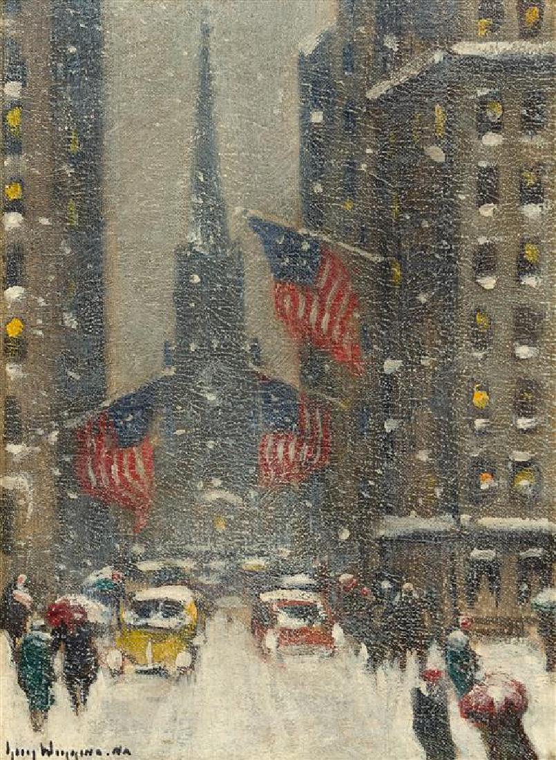* Guy Carleton Wiggins, (American, 1883–1962), Wall: Guy Carleton Wiggins (American, 1883Â–1962) Wall Street View of Old Trinity in Winter oil on canvas signed Wiggins (lower left) 11 1/2 x 8 inches. Estimate $15,000-25,000 Property from the Estate o