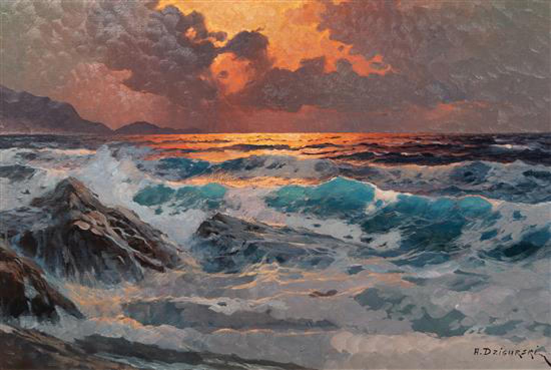 Alexander Dzigurski, (American, 1911- 1995), February: Alexander Dzigurski (American, 1911- 1995) February Storm oil on canvas signed A. Dzigurski (lower right) 24 x 36 inches. Estimate $800-1,200 Provenance: Marshall Field and Company, Chicago