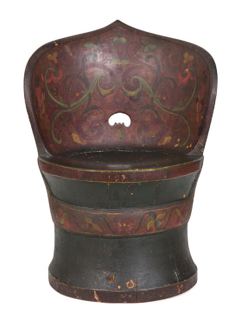 A Norwegian Polychromed Dugout Chair Height 33 1/2: A Norwegian Polychromed Dugout Chair 17th century Height 33 1/2 inches. Estimate $800-1,200 Property from H.R.H. Princess Maria Pia of Bourbon-Parma, Palm Beach, FL Losses and chips throughout, condit