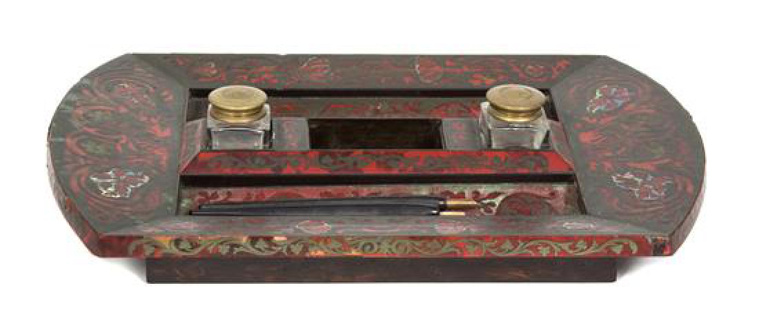 A Louis XV Style Boule Standish Length 16 inches.: A Louis XV Style Boule Standish 19th century having two glass ink wells with gilt metal hinged lids Length 16 inches. Estimate $400-600 Property from H.R.H. Princess Maria Pia of Bourbon-Parma, Palm B