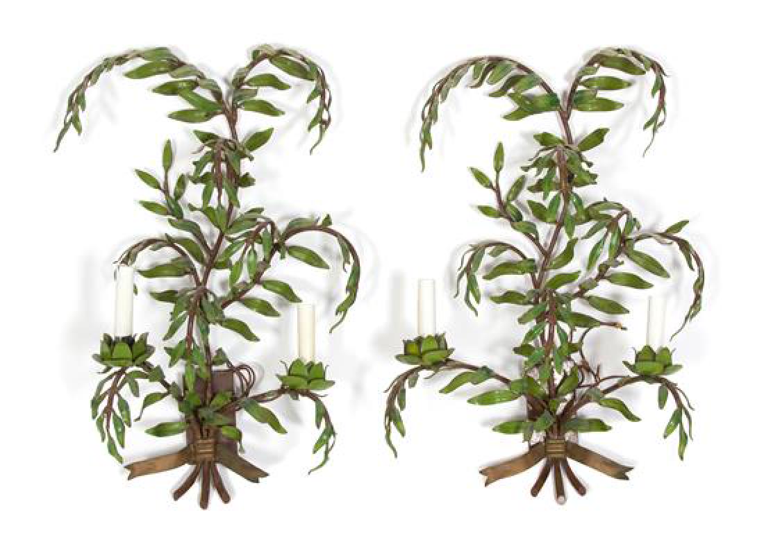 A Pair of Painted Tole Palm-Form Two-Light Wall Sconces (1 of 1)
