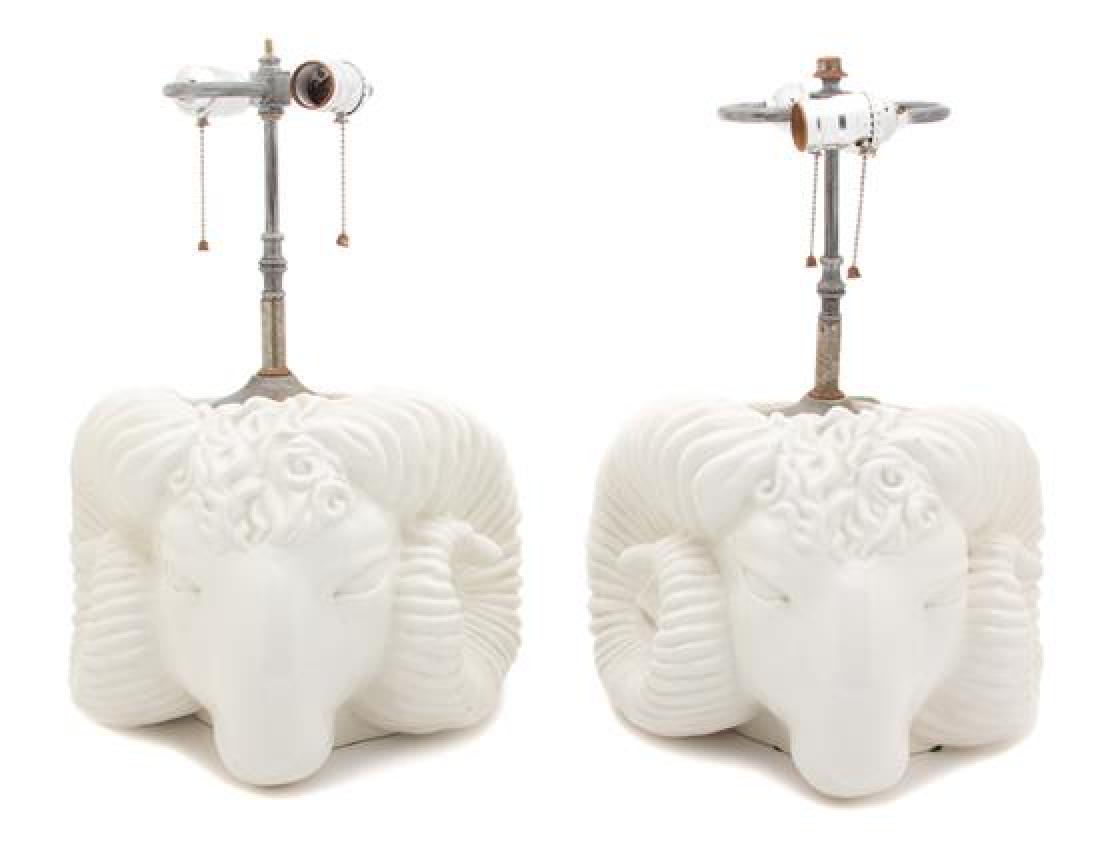 A Pair of Rams Head-Form Painted Ceramic Table Lamps (1 of 2)