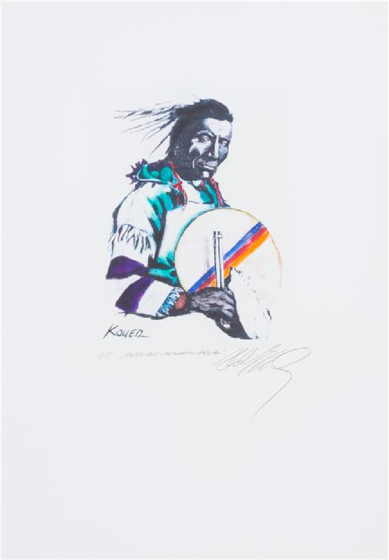 Helmut Koller, (Austrian, b. 1954), Three Works;: Helmut Koller (Austrian, b. 1954) Three Works; Chieftains lithographs signed, titled and dedicated (lower margin) Largest image 10 x 7 inches. Estimate $80-120 Property from H.R.H. Princess Maria