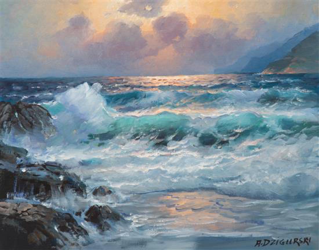 Alexander Dzigurski, (American, 1911-1995), Evening: Alexander Dzigurski (American, 1911-1995) Evening Seascape oil on canvas signed A. Dzigurski (lower right) 15 1/2 x 19 1/4 inches. Estimate $800-1,200 Provenance: Wally Findlay Gallery. No c