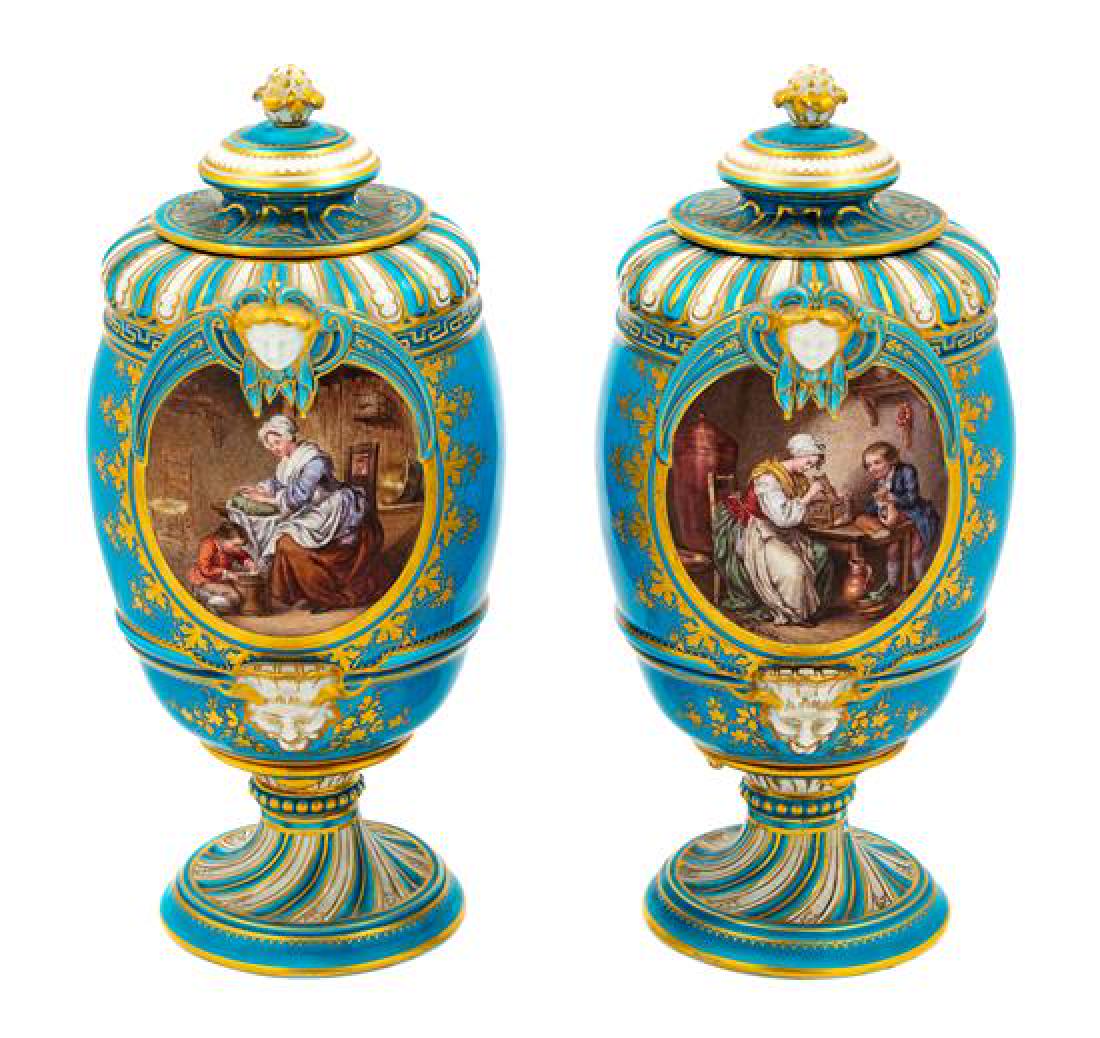 A Pair of Sevres Style Porcelain Urns Height 10 1/2 (1 of 2)