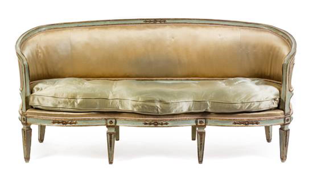 A Venetian Painted and Parcel Gilt Canape Width 78: A Venetian Painted and Parcel Gilt Canape 18th/19th century having an upholstered back, arms and seat, raised on square tapering legs. Width 78 inches. Estimate $1,000-1,500
