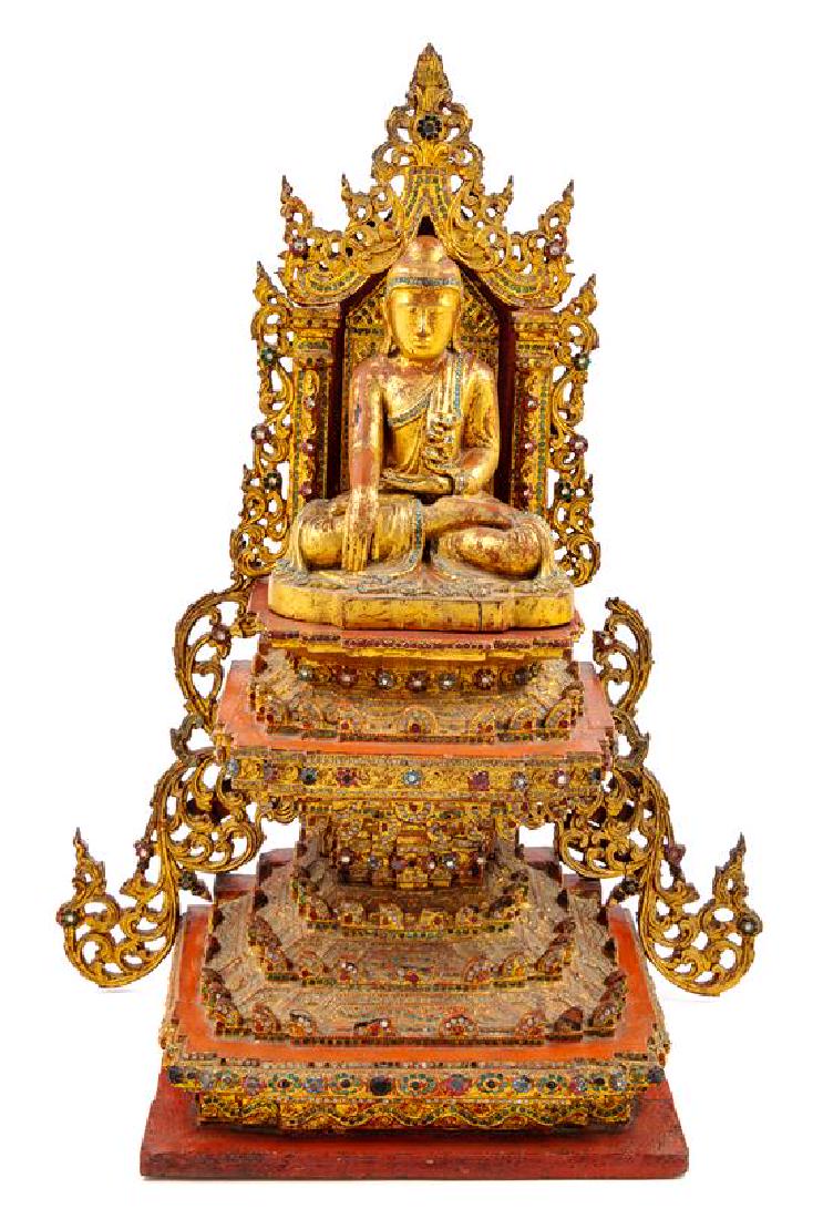 A Burmese Gilt and Red Laquered Wood Figure of Buddha (1 of 1)