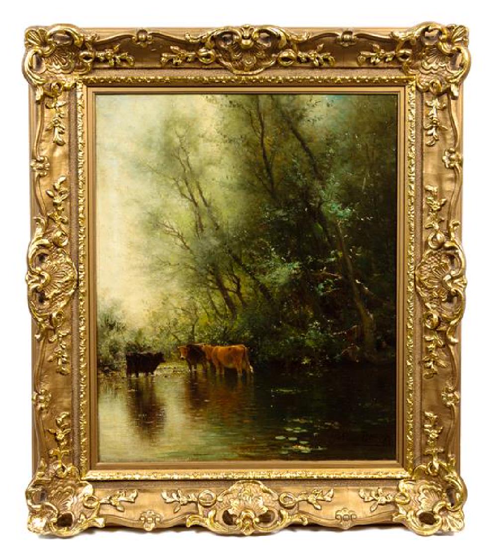 * Arthur Parton, (American, 1842-1914), Cows Standing: * Arthur Parton (American, 1842-1914) Cows Standing in a Stream oil on canvas signed Arthur Parton (lower right) 21 1/2 x 17 1/2 inches. Estimate $800-1,200 Property from the Estate of William Yaple,