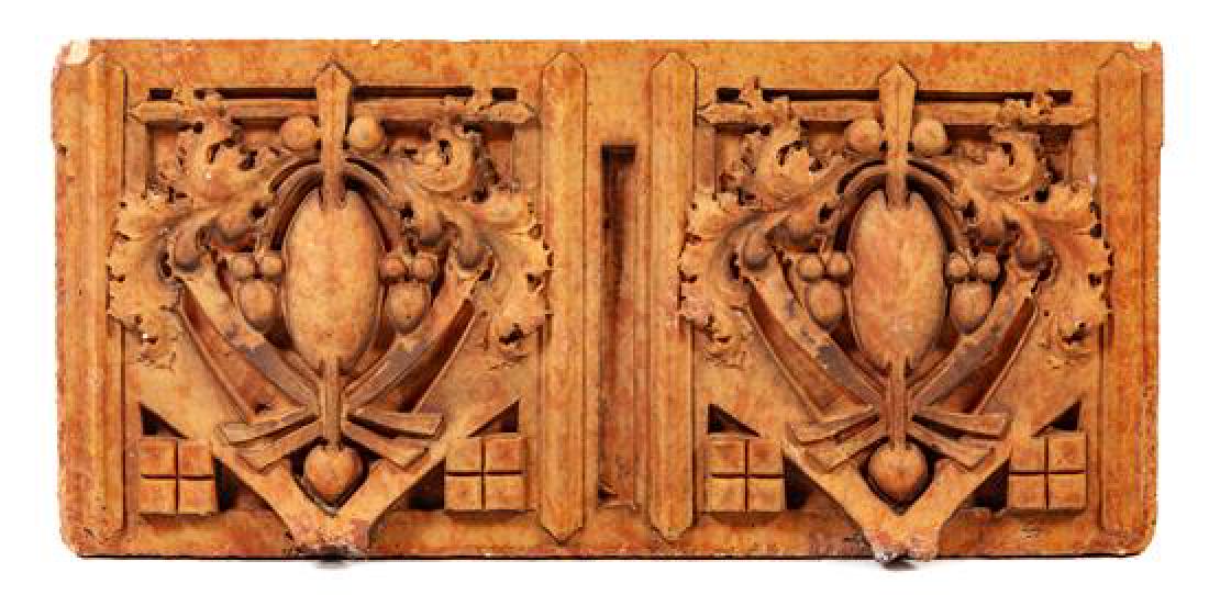 A George Grant Elmslie Edison School Terra Cotta Panel: A George Grant Elmslie Edison School Terra Cotta Panel circa 1936 having two medallions with leaf decoration. Height 13 3/4 x width 29 1/4 inches. Estimate $400-600 Property from the Collection of Dr.