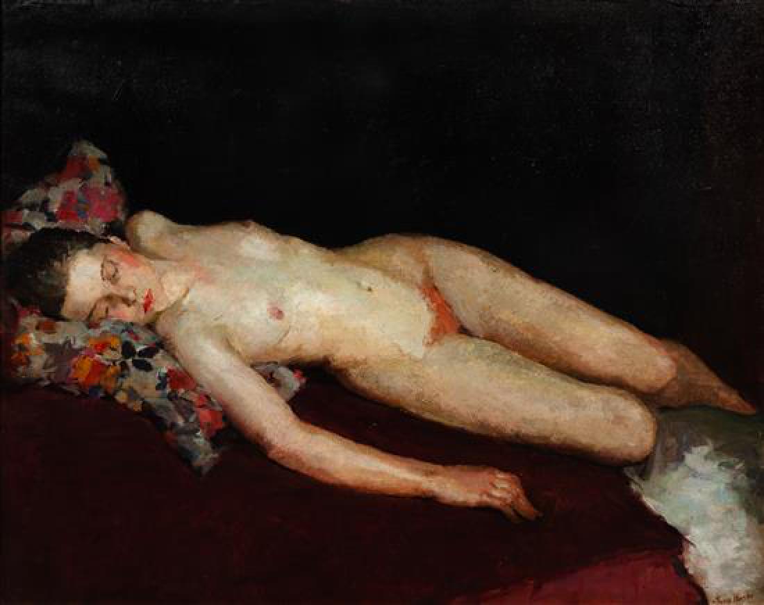 Tunis Ponsen, (American, 1891-1968), Female Nude in: Tunis Ponsen (American, 1891-1968) Female Nude in Repose, c. 1920 oil on canvas signed Tunis Ponsen (lower right) 36 x 44 inches. Estimate $800-1,200