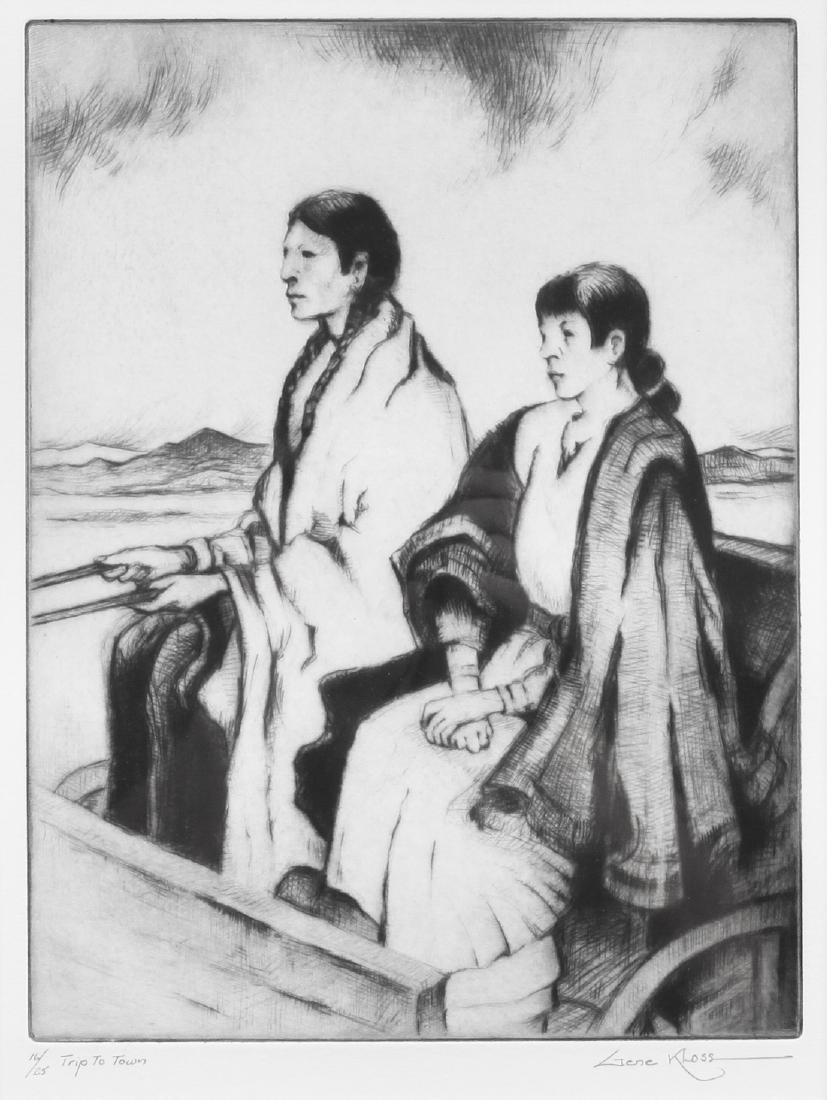 Gene Kloss 11 3/4 x 8 7/8 inches: Gene Kloss (american, 1903-1996) Trip to Town, etching/drypoint, edition 16/25, signed Gene Kloss (lower right) 11 3/4 x 8 7/8 inches Estimate $1,000-2,000 Property from the Estate of Judge Thomas and