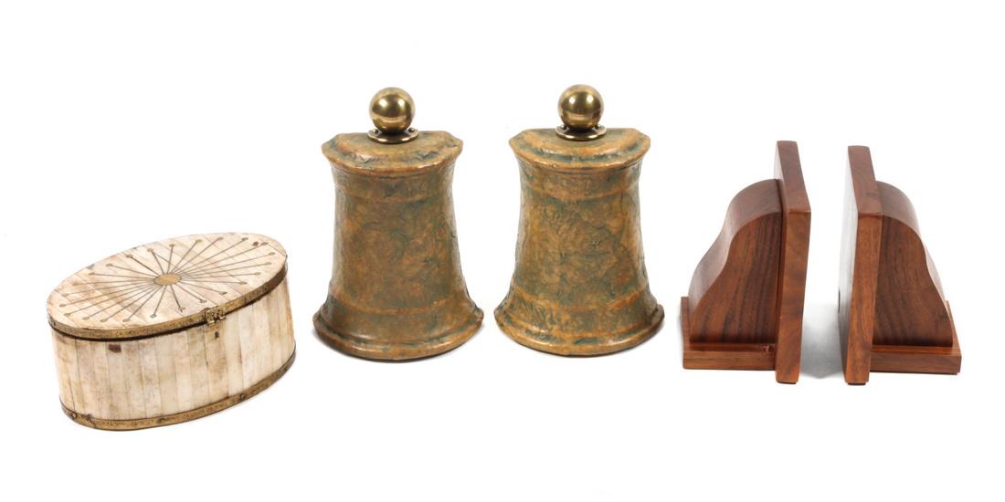 Collection of Decorative Objects Height of tallest 7: Collection of Decorative Objects including two sets of wooden bookends and an inlay box Height of tallest 7 inches Estimate $60-80 Property from the Collection of M. Anthony Greene, Jackson, Wyoming