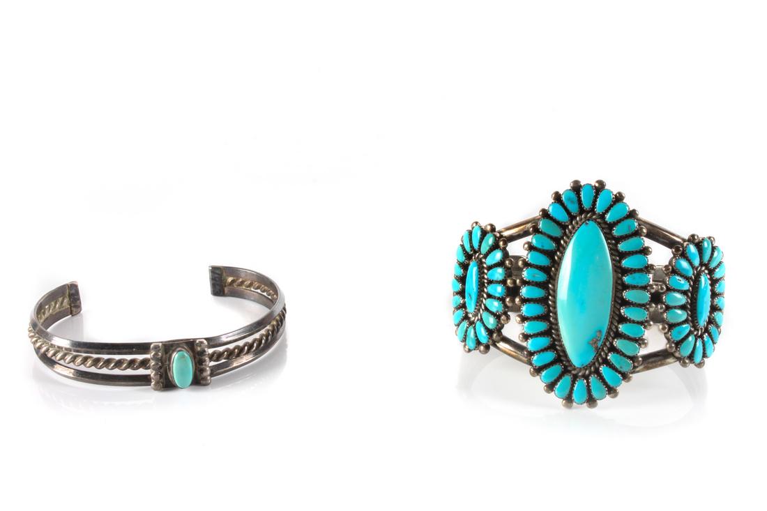 Alice Quam (Zuni, 20th Century-2003) Silver and: Alice Quam (Zuni, 20th Century-2003) Silver and Turquoise Cluster Bracelet together with a second Southwestern silver and turquoise bracelet. Length of first 5 1/4 x opening 1 1/4 x width 2 1/8 inches