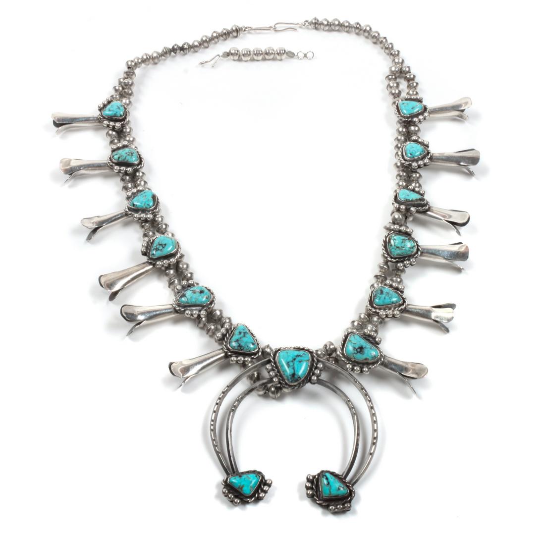 Silver and Turquoise Squash Blossom Necklace Length 24 (1 of 1)