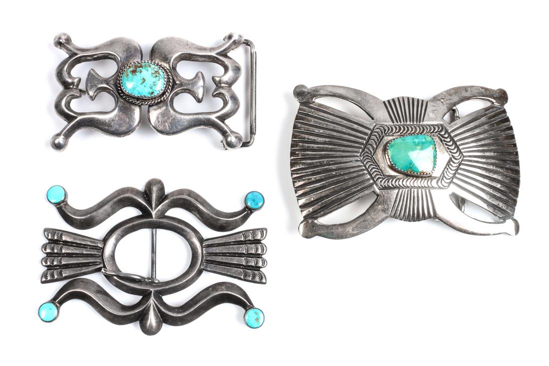 Three Navajo Silver and Turquoise Belt Buckles Height (1 of 1)