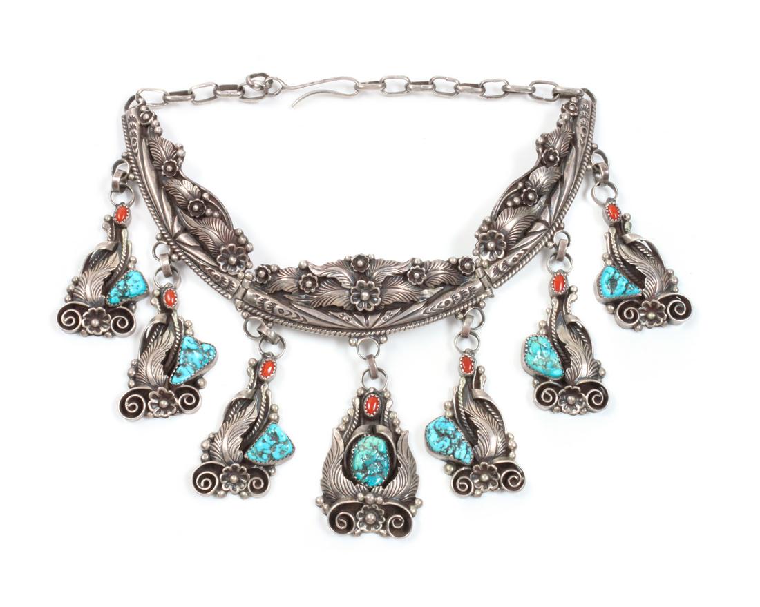 Navajo Silver, Turquoise and Coral Choker Necklace (1 of 1)