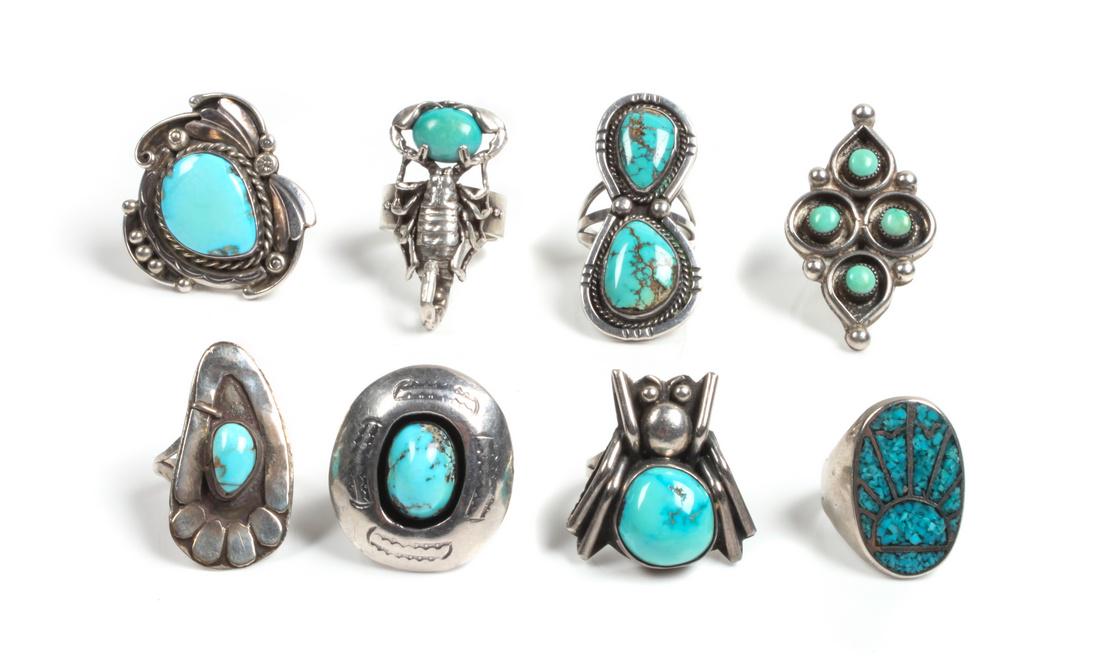 Eight Southwestern Silver and Turquoise Rings (1 of 1)