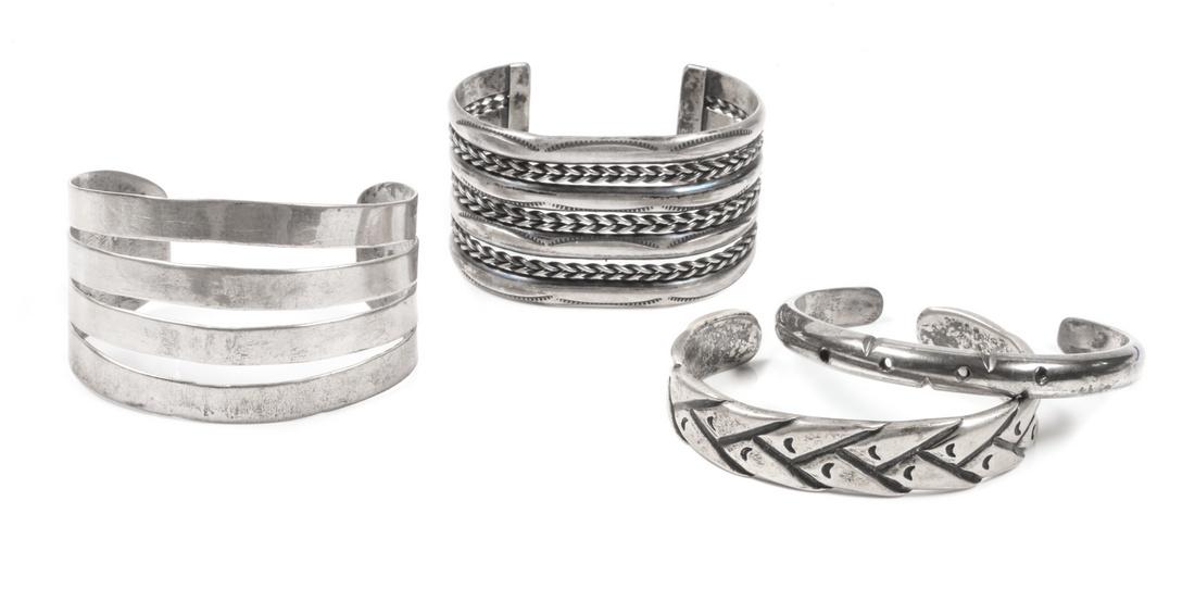 Four Southwestern Style Silver Cuff Bracelets Length of (1 of 1)