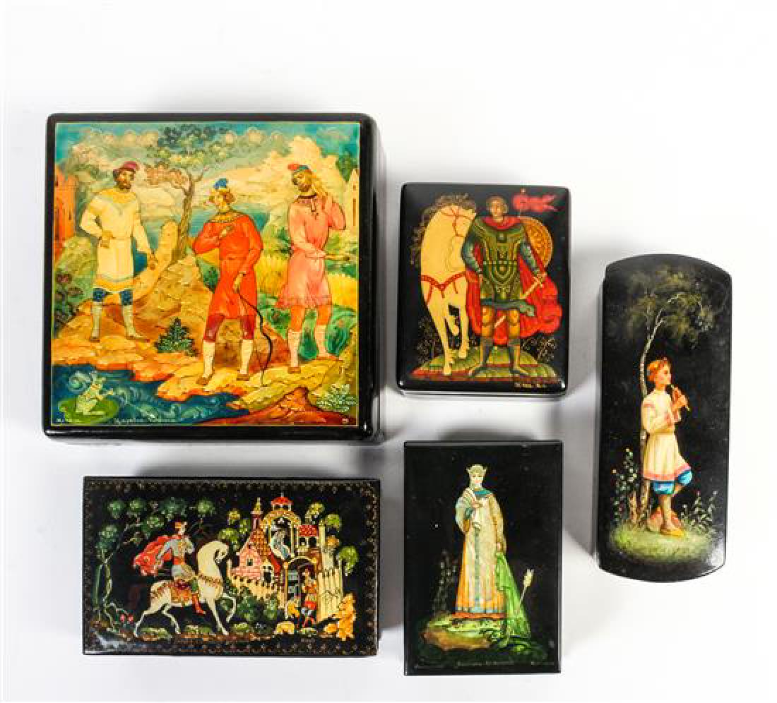 Five Russian Lacquered Boxes Width of largest 4 3/4 (1 of 1)