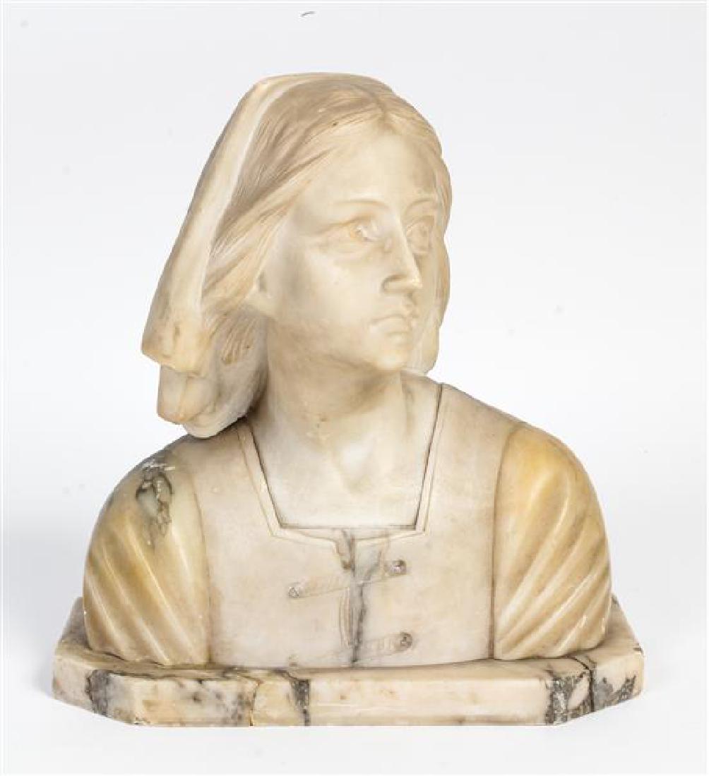 An Italian Alabaster Bust Height 9 1/4 inches.: An Italian Alabaster Bust 19th/20th century depicting Joan of Arc. Height 9 1/4 inches. Estimate $100-200