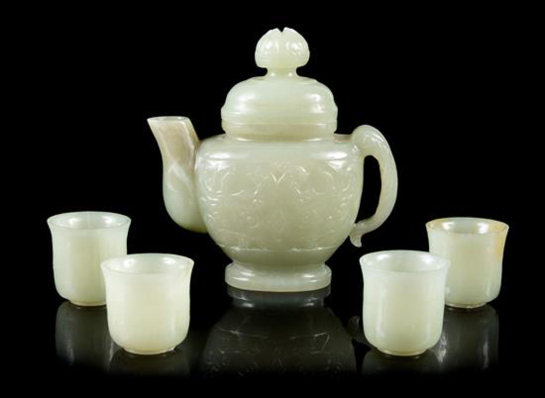A Chinese Celadon Jade Teapot and Four Jade Teacups (1 of 1)