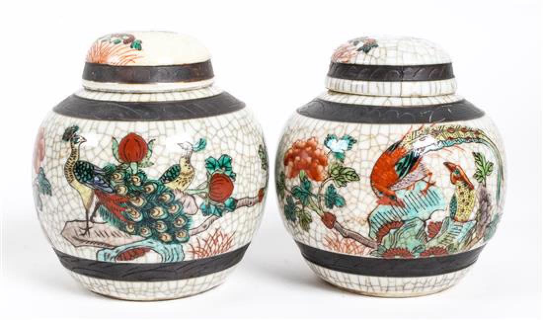A Pair of Chinese Crackle Glazed Wucai Porcelain Ginger: A Pair of Chinese Crackle Glazed Wucai Porcelain Ginger Jars late 19th century Height 4 3/4 inches. Estimate $100-200