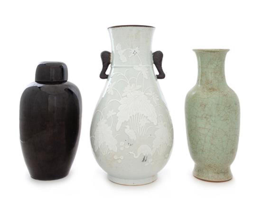 Three Chinese Monochrome Glazed Porcelain Vases Height (1 of 1)