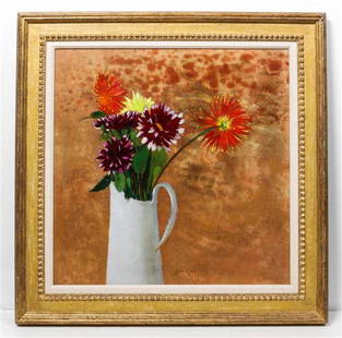 Rene Genis, (French, 1922-2004), Dahlias au Broc Blanc: Rene Genis (French, 1922-2004) Dahlias au Broc Blanc oil on canvas signed Rene Genis (lower right) 24 x 24 inches. Estimate $300-500 Provenance: Findlay Galleries, New York