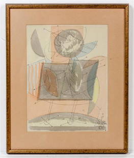 * Richard Mortensen, (Danish, 1910-1993), Composition: * Richard Mortensen (Danish, 1910-1993) Composition with Figure, 1947 ink and watercolor initialed and dated (lower right) 12 1/4 x 9 1/2 inches. Estimate $500-700 Property from the Estate of Helen an