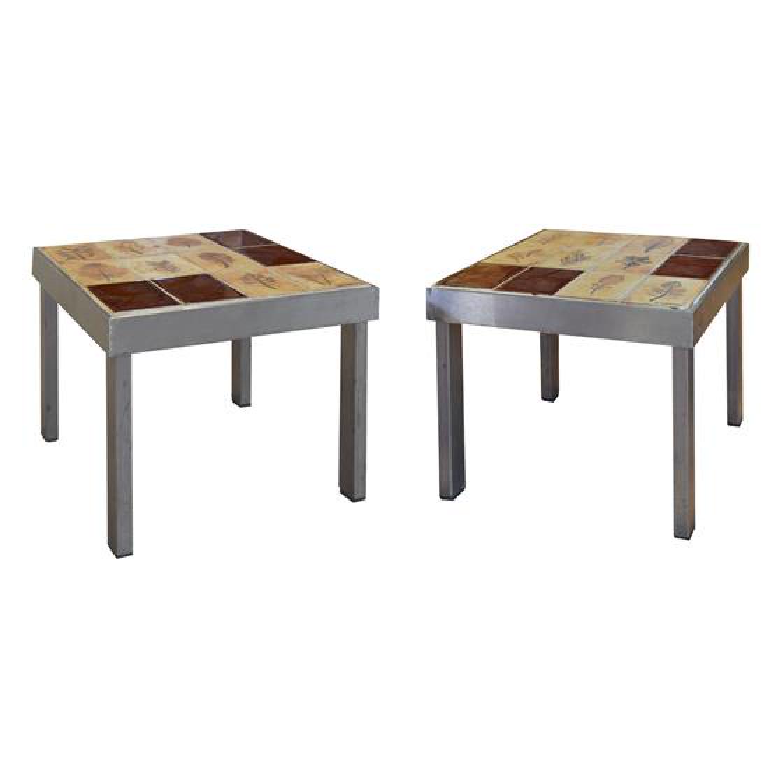 A Pair of Mid-Century Steel and Tile Tables by Roger: A Pair of Mid-Century Steel and Tile Tables by Roger Capron france, circa 1960 Tile, Steel 14.25" W x 16.25" D x 11.5" H Estimate $700-900