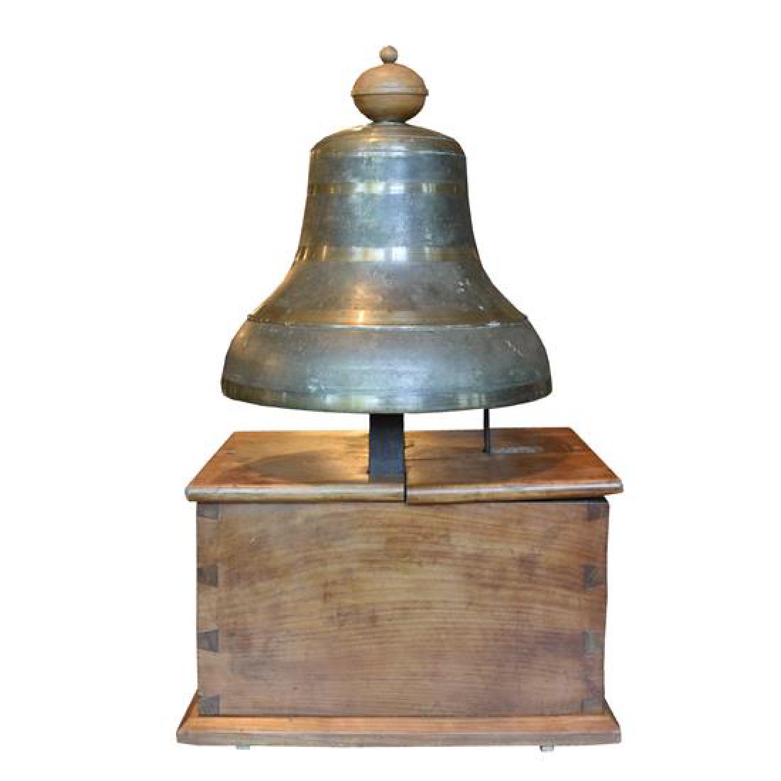 A Bronze Time Clock Bell on Wood Base 13.5" W x 11.5" D